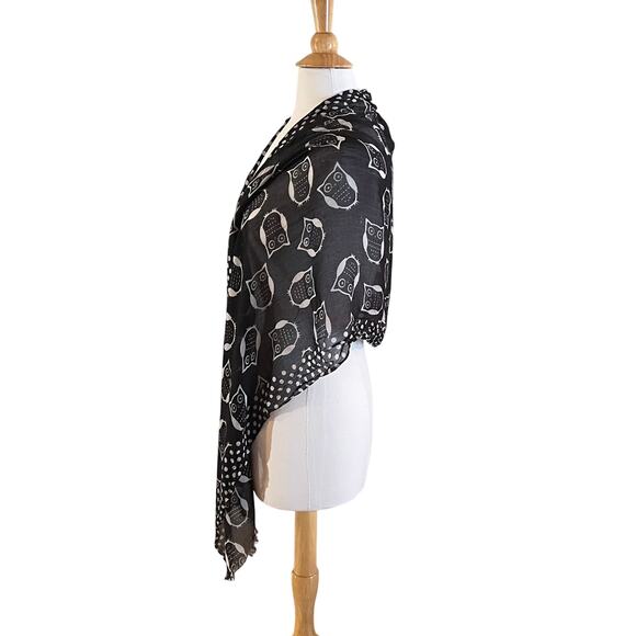 Cato Black White Owl Print & Polka Dot Scarf/Wrap/ Shawl Halloween 20 x 70 - Picture 2 of 8